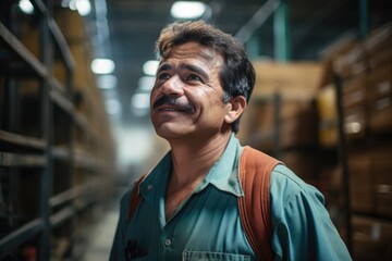 Smiling portrait of a happy middle aged mexican warehouse worker or manager working in a warehouse