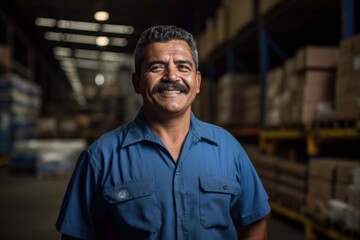 Fototapeta premium Smiling portrait of a happy middle aged mexican warehouse worker or manager working in a warehouse