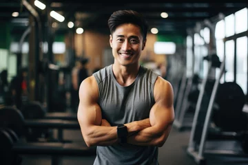 Garden poster Fitness Smiling portrait of a happy young male asian american fitness instructor in an indoor gym