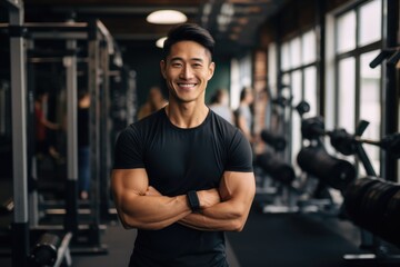 Fototapeta na wymiar Smiling portrait of a happy young male asian american fitness instructor in an indoor gym