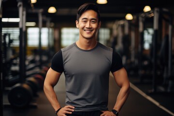 Fototapeta na wymiar Smiling portrait of a happy young male asian american fitness instructor in an indoor gym