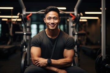 Smiling portrait of a happy young male asian american fitness instructor in an indoor gym