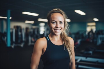 Fototapeta na wymiar Smiling portrait of a happy young female caucasian fitness instructor working in an indoor gym