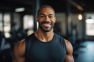 Smiling portrait of a happy young male african american fitness instructor in an indoor gym