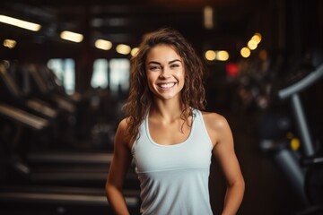 Obraz na płótnie Canvas Smiling portrait of a happy young female caucasian fitness instructor working in an indoor gym