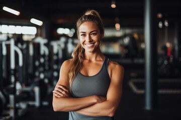 Fototapeta na wymiar Smiling portrait of a happy young female caucasian fitness instructor working in an indoor gym