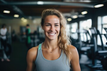 Fototapeta premium Smiling portrait of a happy young female caucasian fitness instructor working in an indoor gym