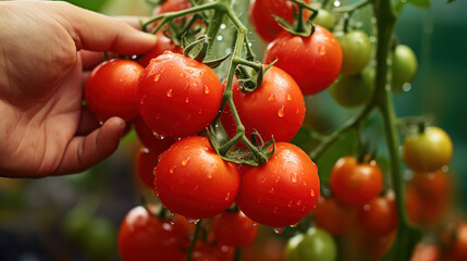 A real photo of a Bright Tomato Babies, bunch of bright red tomatoes soaked with water droplets on organic farm tomato plant, farmer's hand picking produce