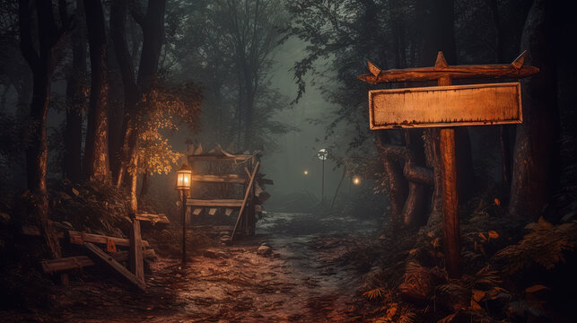 Signboard at the enty of dark fairytale village in Halloween style