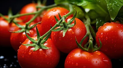 Fotobehang A real photo of a Bright Tomato Babies, bunch of bright red tomatoes soaked with water droplets on organic farm tomato plant, farmer's hand picking produce © Phoophinyo