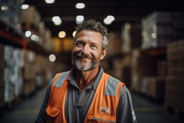 Obraz premium Smiling portrait of a happy middle aged warehouse worker or manager working in a warehouse