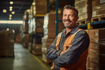 Papier Peint photo Navire Smiling portrait of a happy middle aged warehouse worker or manager working in a warehouse