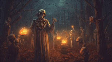 Skeleton holding the lamp in a dark forest during Halloween holiday. Dark art with monsters in the forest at fall