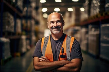 Smiling portrait of a happy middle aged warehouse worker or manager working in a warehouse