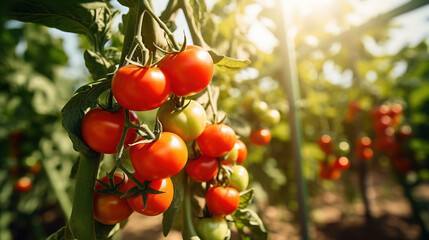 A real photo of a Bright Tomato Babies, bunch of bright red tomatoes soaked with water droplets on organic farm tomato plant, farmer's hand picking produce