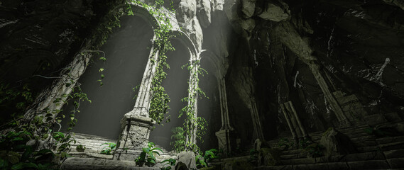 3D illustration rendering. Dark old ruined sanctuary