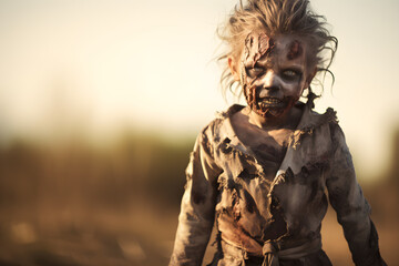 portrait of little zombie girl in city street