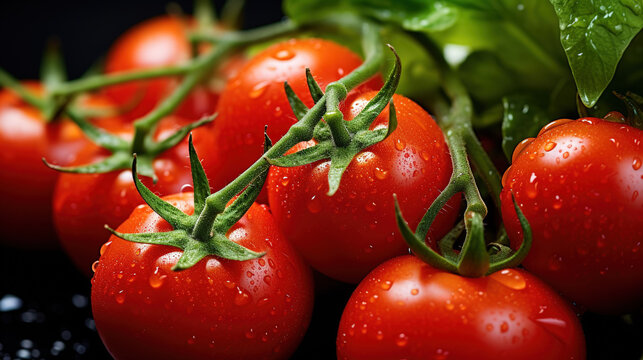 A real photo of a Bright Tomato Babies, bunch of bright red tomatoes soaked with water droplets on organic farm tomato plant, farmer's hand picking produce