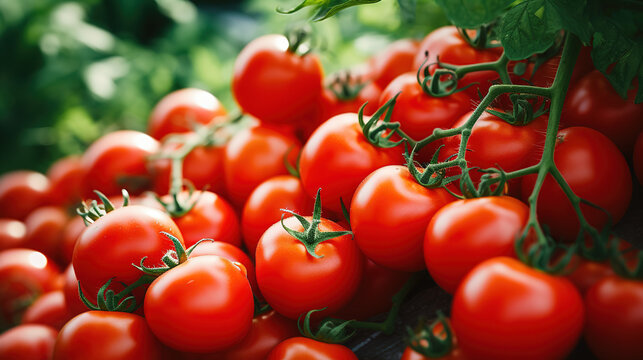 A real photo of a Bright Tomato Babies, bunch of bright red tomatoes soaked with water droplets on organic farm tomato plant, farmer's hand picking produce