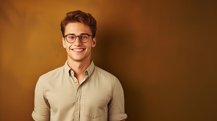 Fototapeta premium A real photo of a Portrait of a handsome man, handsome and slender young man wearing glasses, holding glasses legs, he smiles happily and looks back at the camera