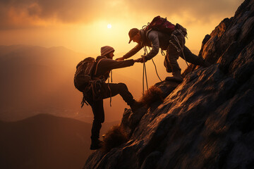 teamwork of two climbers on the top of a mountain at sunrise
