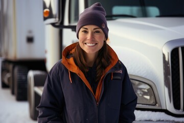 Smiling portrait of an caucasian female truck driver working for a trucking company