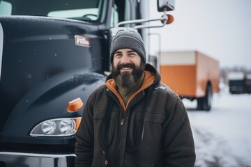 Smiling portrait of a happy middle aged caucasian male truck driver working for a trucking company