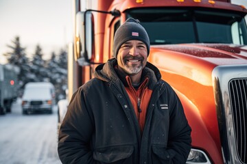 Naklejka premium Smiling portrait of a happy middle aged caucasian male truck driver working for a trucking company
