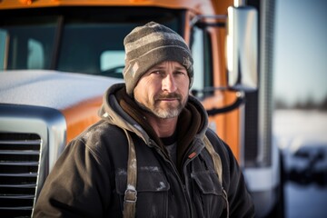 Smiling portrait of a happy middle aged caucasian male truck driver working for a trucking company