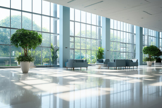 Interior of a modern office building, wide angle view of the lobby