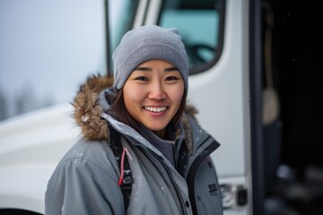 Fototapeta na wymiar Smiling portrait of an asian american female truck driver working for a trucking company