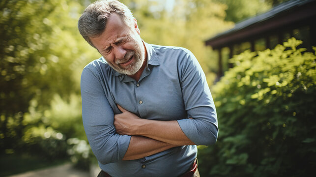 A real photo of Middle - aged man with stomach pain, man holding his stomach because of pain, painful man's face, hugging his stomach.