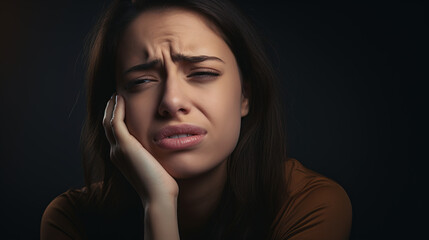 Fototapeta premium A real photo of portrait of girl having toothache, severely painful face, girl holding her cheek in pain
