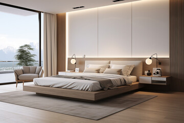 Interior of modern living room bed with white sofa and coffee table. 3d render