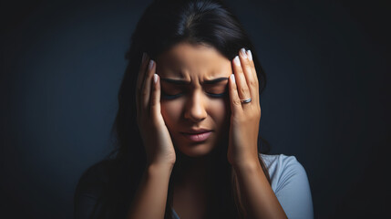 A real photo of woman with headache, hand rubbing temples,