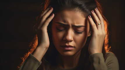 A real photo of woman with headache, hand rubbing temples