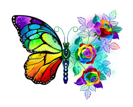 Flower butterfly with rainbow roses