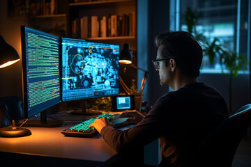 Programmer working late at night on a computer in a dark room