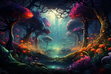 Fantasy landscape with mushrooms in the forest. 3D illustration.