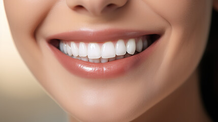 A close up view of young woman's mouth smiling showing teeth, beautiful healthy white teeth, bright smile with beautiful white teeth