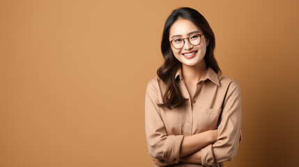Fototapeta premium A Portrait of a beautiful young woman, beautiful southeast asian woman wearing eyeglasses, she smiles happily and looks back at the camera, young woman wearing a creamy brown shirt