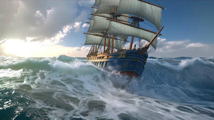 Ship in the stormy sea with huge waves. Giant stormy waves in the ocean and boat