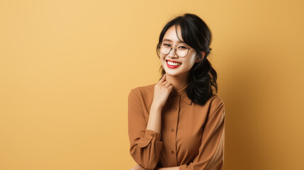 A Portrait of a beautiful young woman, beautiful southeast asian woman wearing eyeglasses,  she smiles happily and looks back at the camera, young woman wearing a creamy brown shirt