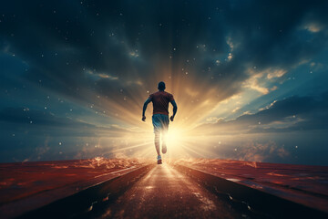 Man running on the road to success. Mixed media. Mixed media - obrazy, fototapety, plakaty