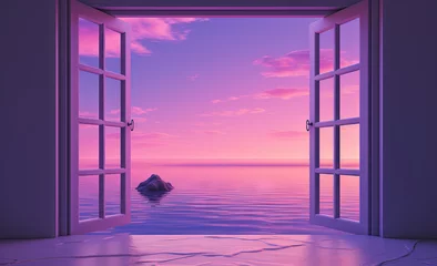 Gordijnen Open window with tropical landscape and ocean in vaporwave style. Purple sundown in 90s style room, vacation calmness frame © swillklitch