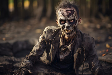 portrait of zombie man crawling on forest floor