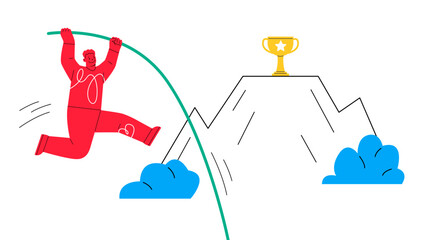 Man is jumping with pole vault to the target. Colorful vector illustration