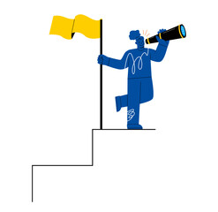 Success woman on top of career staircase holding winning flag looking for future visionary.  Achievement concept. Vector illustration
