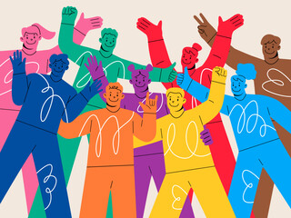 Group portrait. Youth community, team smiling, rejoicing, having fun and joy. Excited people with positive energy. Colorful vector illustration
