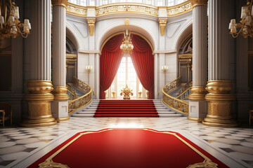 Interior of royal palace with red carpet and golden stairs. 3D rendering